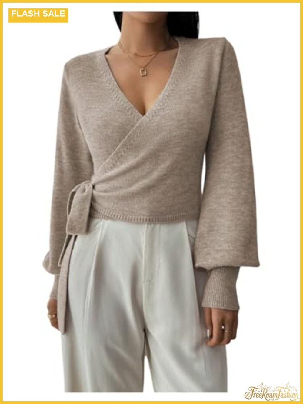 V-Neck Wrap Pullover Knit Crop Sweater Slim Fit Long Sleeve